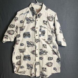 Woolrich‎ Button Up Shirt Mens Large White Camping All Over Print AOP Outdoors